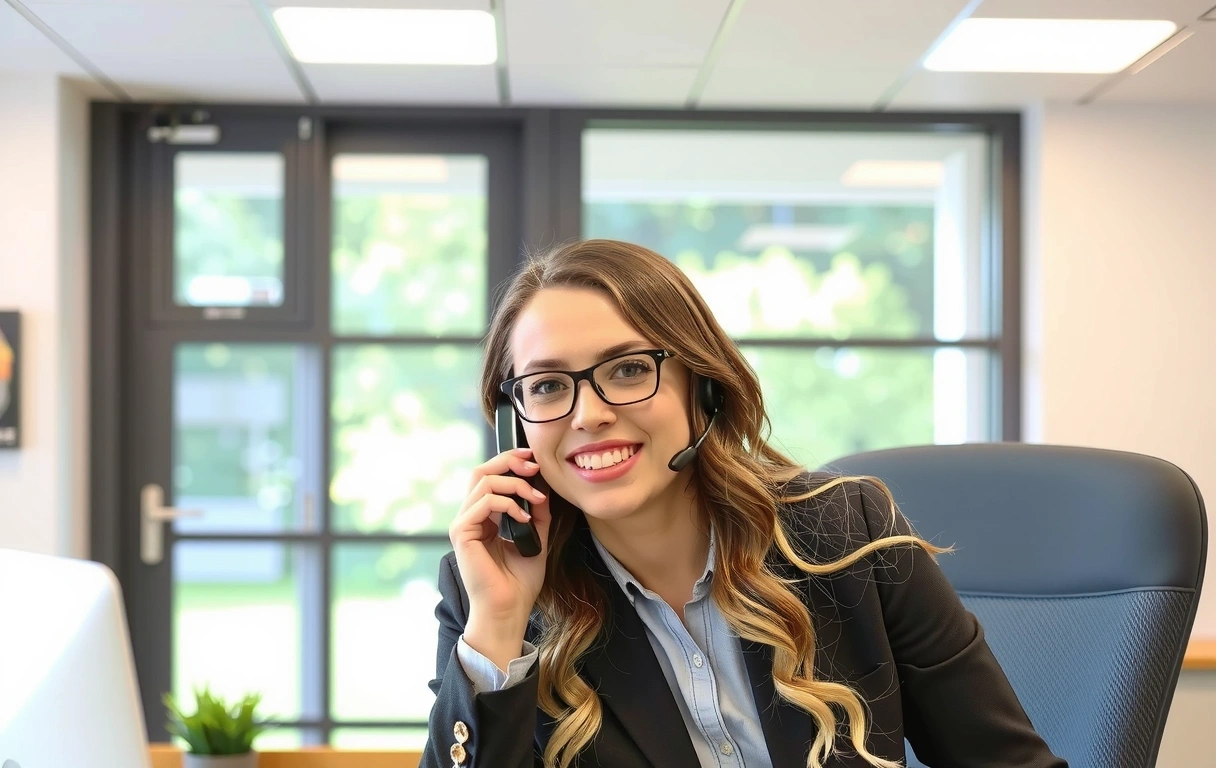 Ein motiviertes Teammitglied von Deutsche Ingenieur AG, das am Telefon lächelt und bereit ist, Fragen zu beantworten.