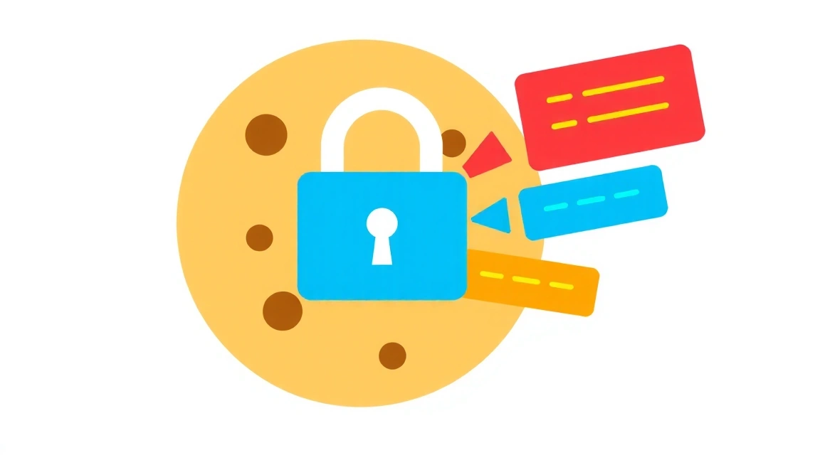 Ein Cookie-Symbol mit einem Schloss und stilisierten Datenpaketen, die die sichere Verwaltung von Cookies und Nutzerdaten auf einer Website symbolisieren.