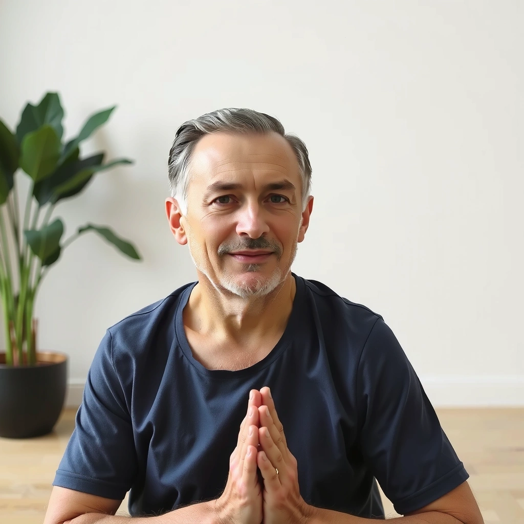 Entspannter, älterer Herr, der Yoga praktiziert