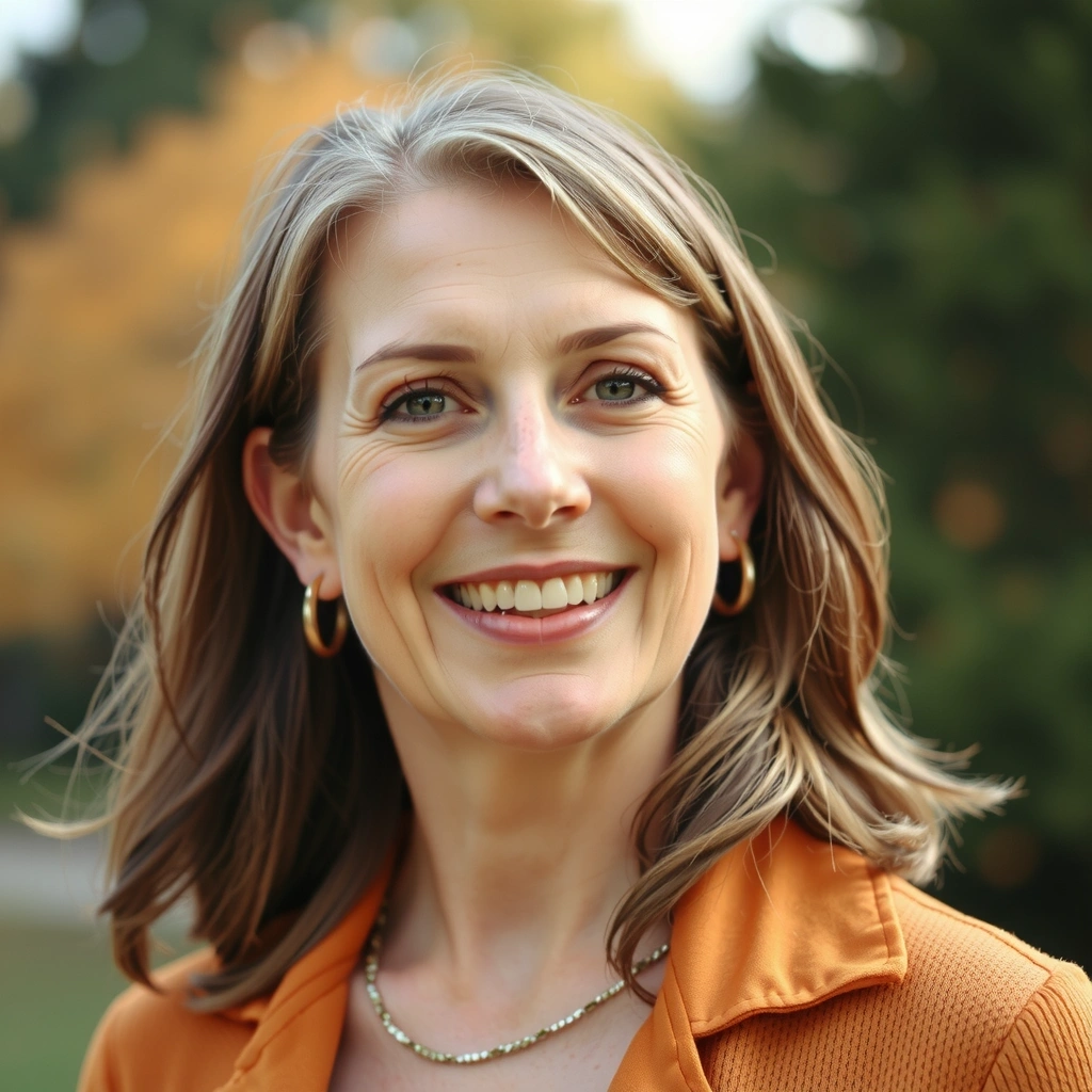 Lächelnde Frau in ihren späten 50ern, gesund und ruhig