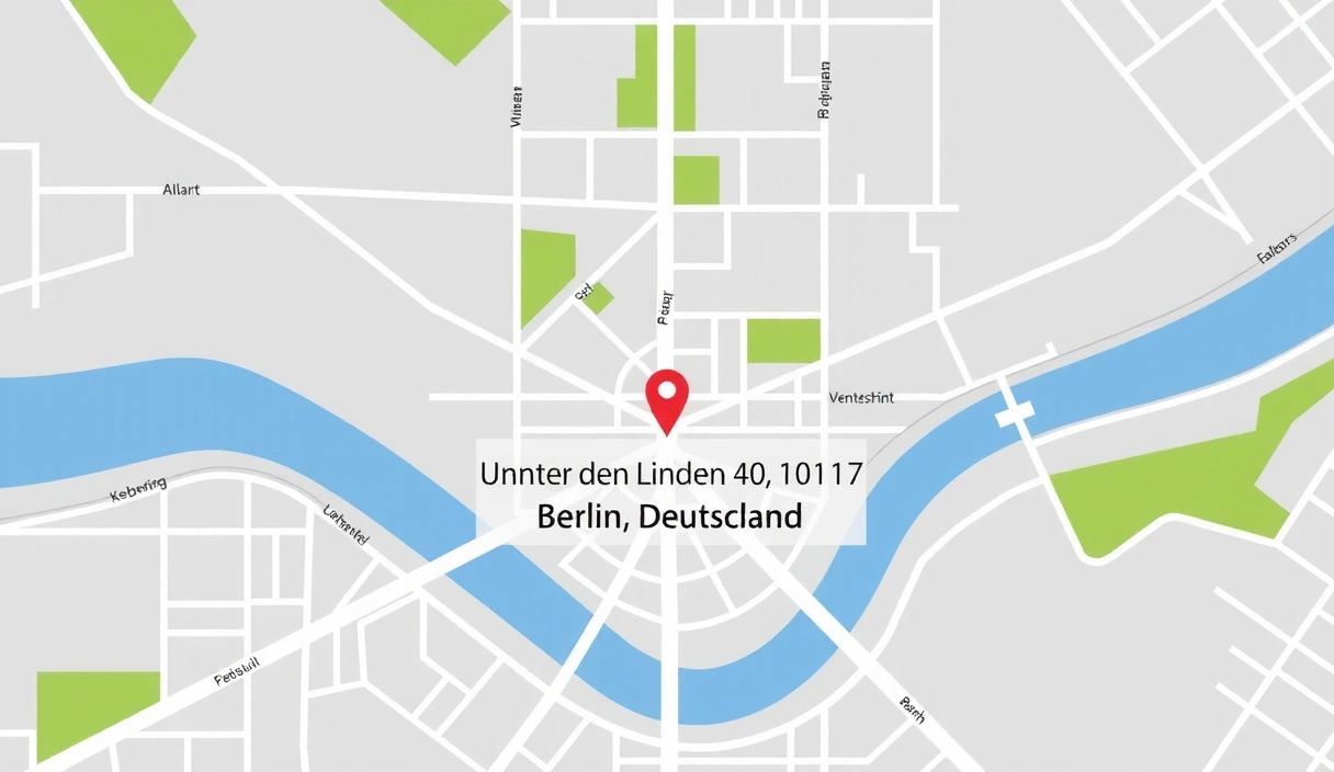 Abstrakte und saubere Darstellung einer Stadtkarte mit hervorgehobener Adresse Unter den Linden 40, 10117 Berlin, Deutschland. Keine Texte oder Logos.