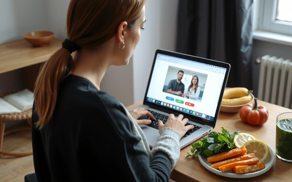Image of a person having a video call on a laptop with healthy food nearby