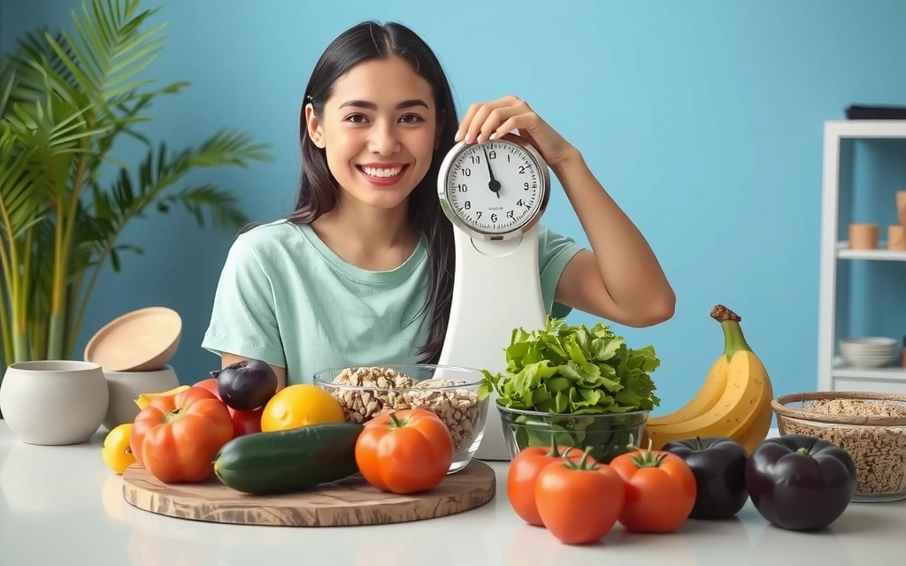 Image of a person weighing themselves with a smile, surrounded by healthy food