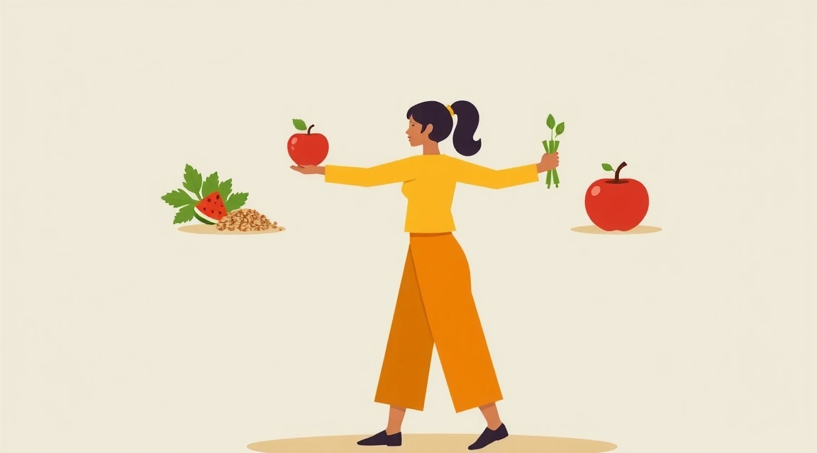 Abstract, clean illustration of a person balancing healthy food items