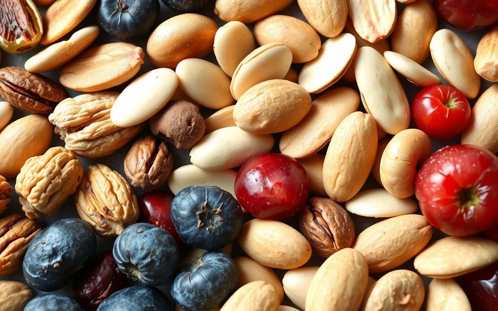 Variety of healthy snacks like nuts and fruits