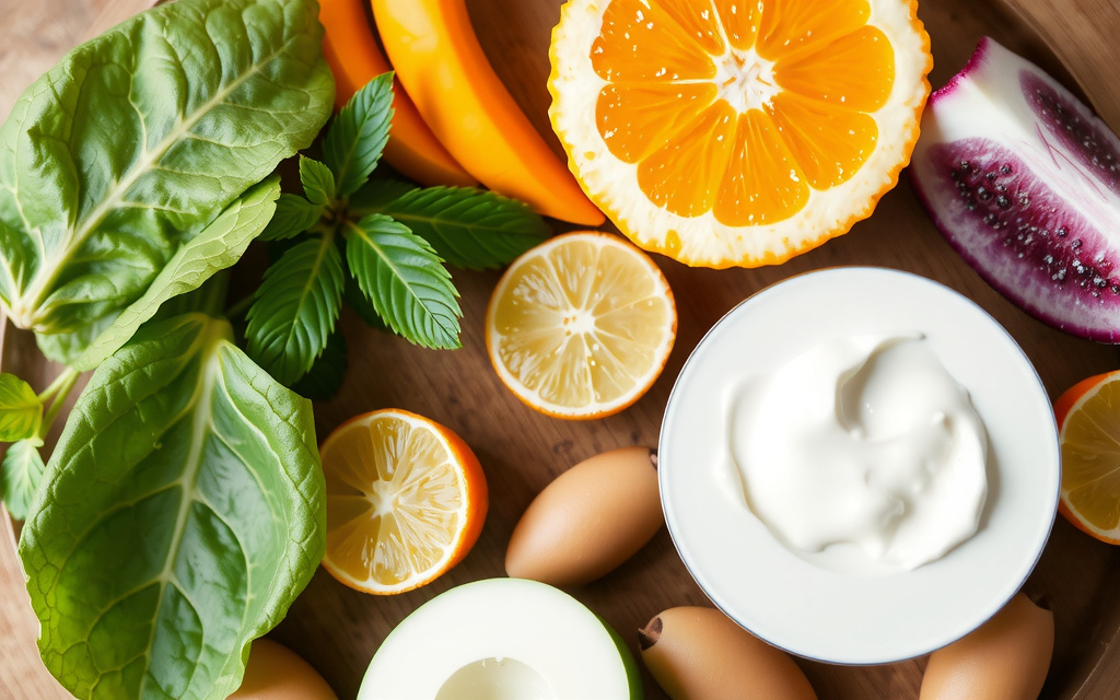 Modern, clean image of fresh, vibrant healthy food on a wooden table with soft natural light